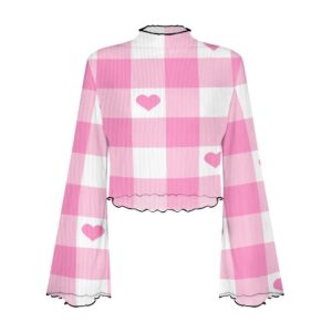 Pink Heart Checker Bell Sleeve Blouse