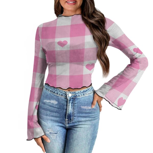 Pink Heart Checker Bell Sleeve Blouse - Image 3