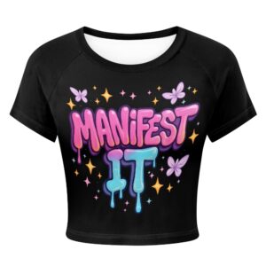 Manifest It Tight Cropped T‑Shirt with pink and blue graffiti text and butterflies