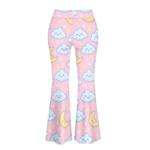 Kawaii Clouds & Stars Flared Pants in pastel pink with smiling clouds, yellow crescent moons, and sparkly stars.