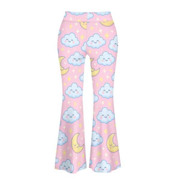Kawaii Clouds & Stars Flared Pants in pastel pink with smiling clouds, yellow crescent moons, and sparkly stars.