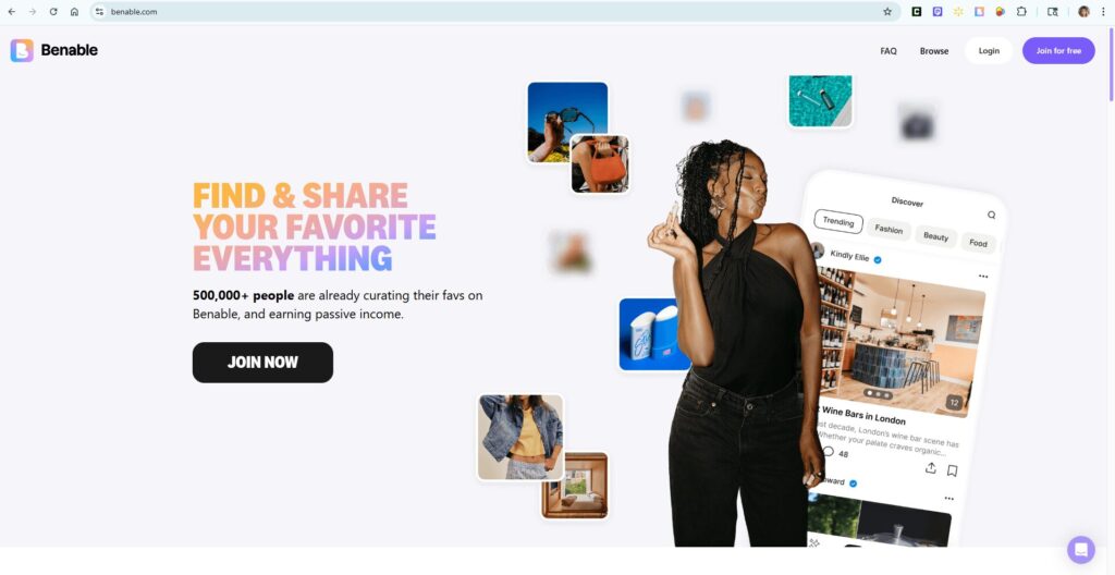 Benable Review – Homepage view of Benable app and website