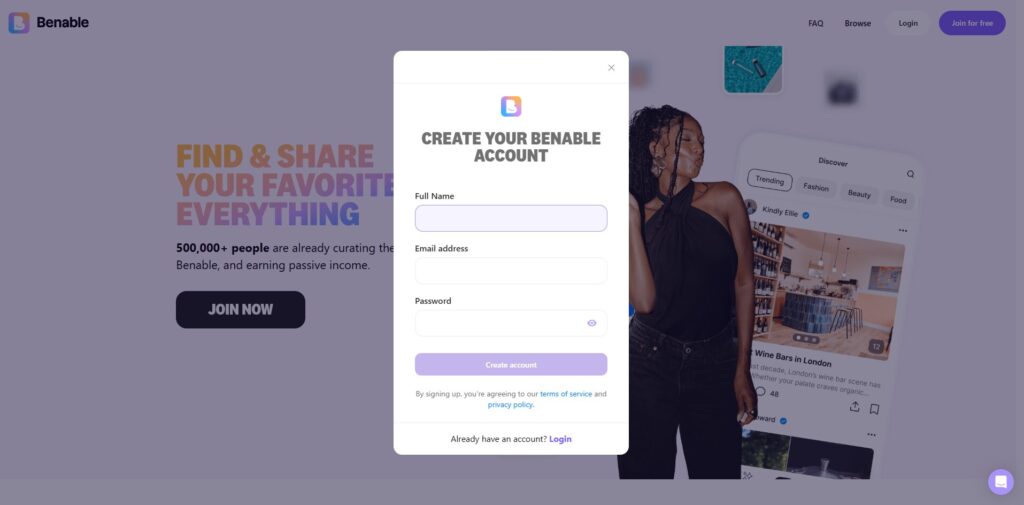 Benable Review – Free to join sign-up page